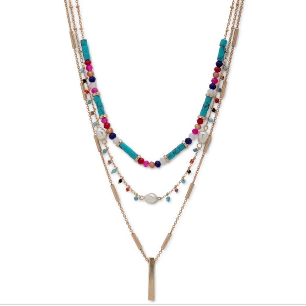 NWT Lonna & Lilly Gold-Tone Bar & Mixed Bead Layered Pendant Necklace